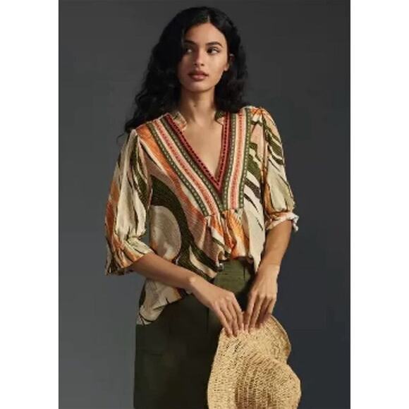 Anthropologie x Bl-nk London BohoV-Neck Blouse S  Geometric Long Sleeve Viscose - Picture 1 of 8